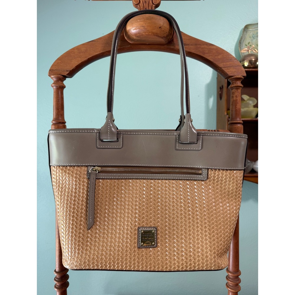 Dooney & Bourke Woven Leather Trim Tote Bag Tan Taupe Striped Lining Logo